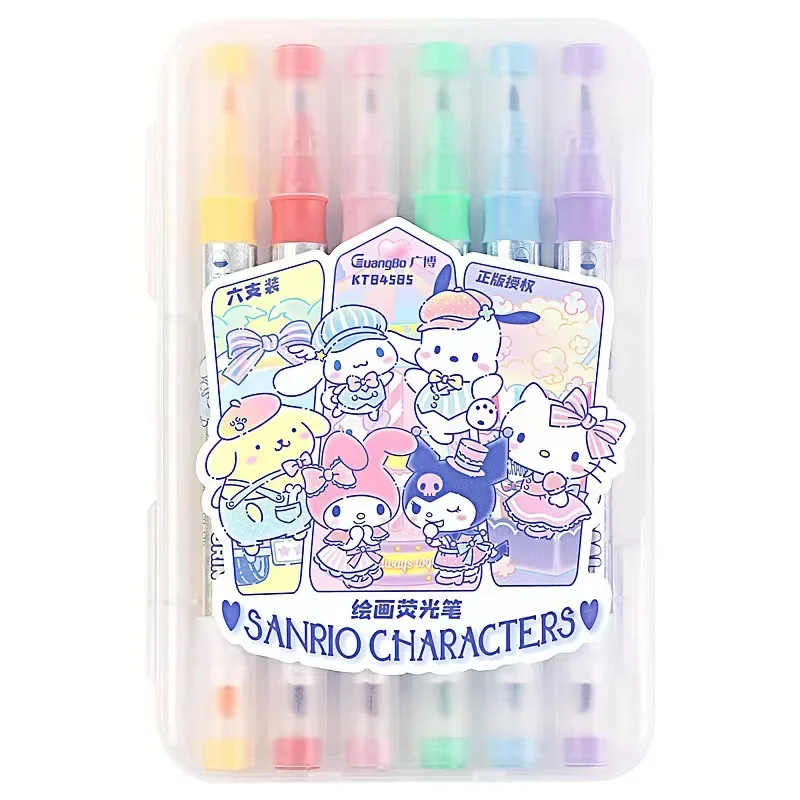 6 Colors Sanrio Cute Double-Headed Highlighter mymelody Kuromi Cinnamoroll Pochacco Cartoon Series Marker birthday gift