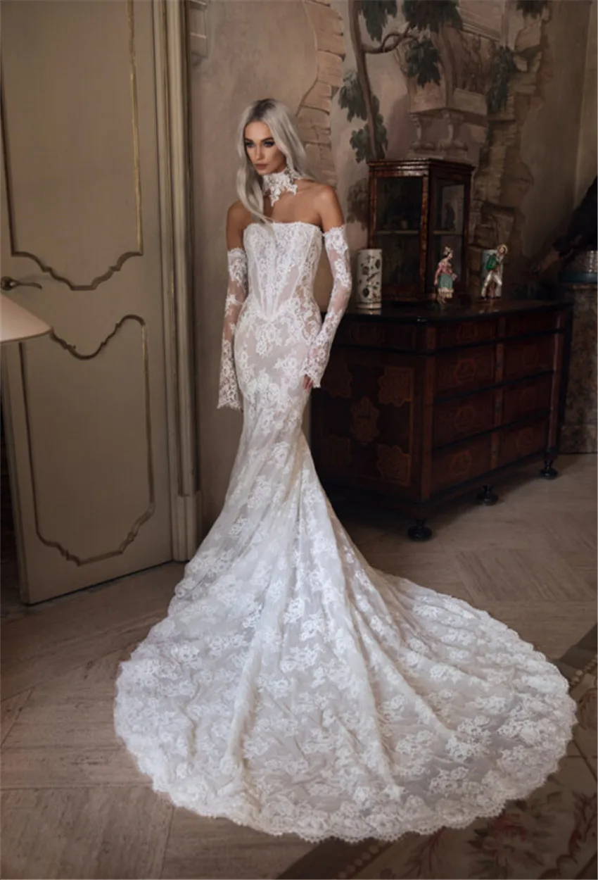 

Vestidos De Novia Curvy Vestido Corte Sirena Mangas Desmontables Encaje Con Corset Noiva Elegante Свадебное платье на заказ Noivas