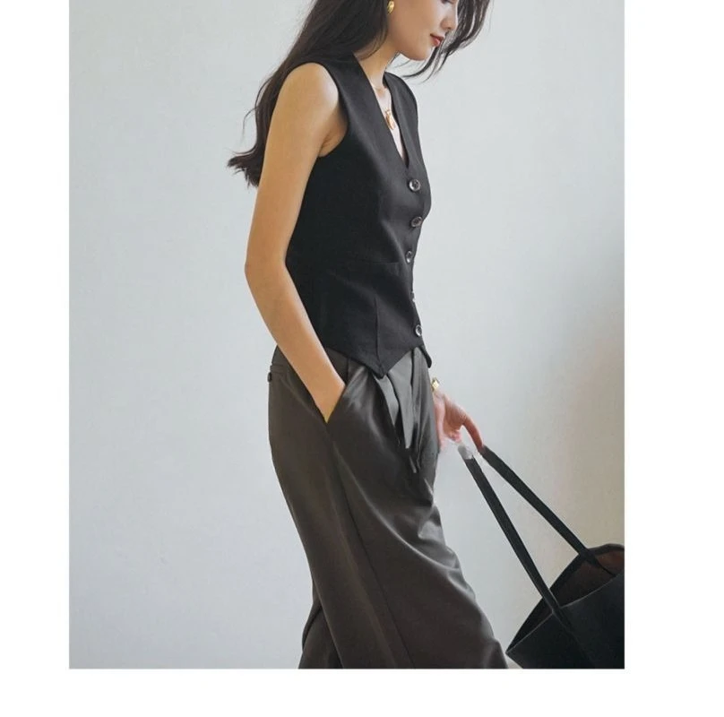 Women's Models Fairy Summer Suit Vest Pure Color Buttons V-neck Stacked Sleeveless Irregular Simple Loose Harajuku Versatile