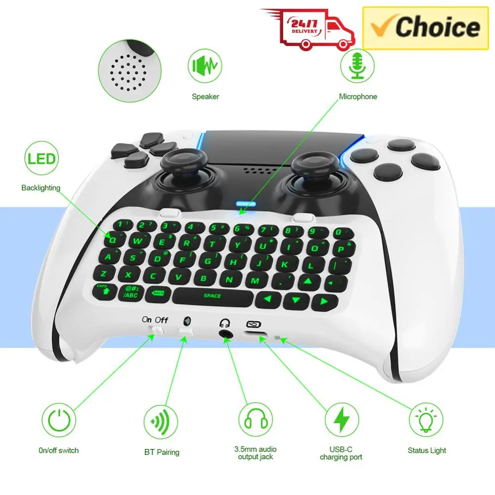 

Мини-клавиатура Chatpad, 500 мАч, беспроводная игровая клавиатура, Bluetooth-совместимая, с зеленой подсветкой, встроенным динамиком для PS5 Elite Handle