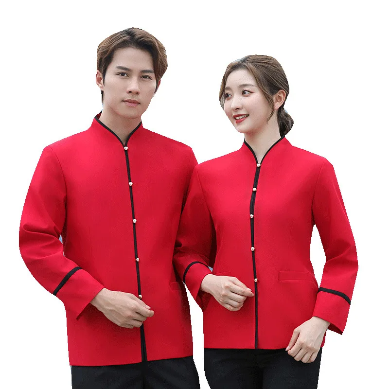 남녀공용 중국 스타일 웨이터 작업복, 긴 소매, 케이터링, 농가 레스토랑, 냄비, 레스토랑