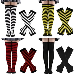 Chaussettes en coton imprimées à rayures longues pour femmes et filles, chaussettes au-dessus du genou, gants à manches de bras, doux, mignon, grande taille, 1 ensemble