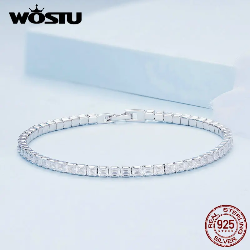 WOSTU 925 Sterling Silver Square Shiny Cubic Zirconia Tennis Bracelets For Women Euro Simple Splice Bangle Wrist Jewelry Gift