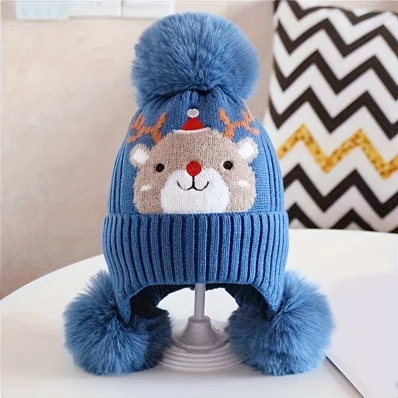 قبعة صغيرة للشباب تحت عنوان إلك عيد الميلاد - أغطية رأس شتوية دافئة وناعمة وقابلة للتمدد ورفعات أذن قابلة للفصل وبوم للأولاد والبنات