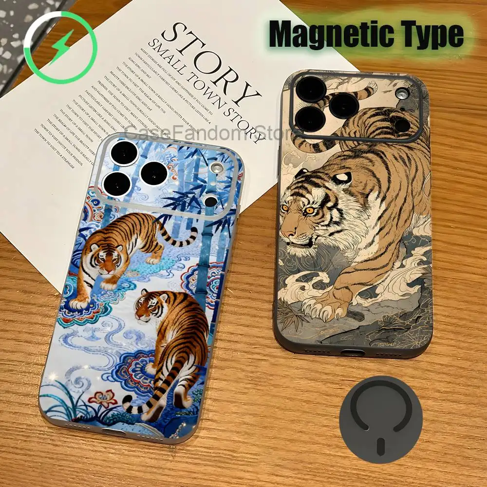 

J-Japanese Ukiyo-e Tiger For iPhone 17,16,15,14,13,12,11,Pro,Max,Plus Magnetic Wireless Charging Transparent gray Phone Case