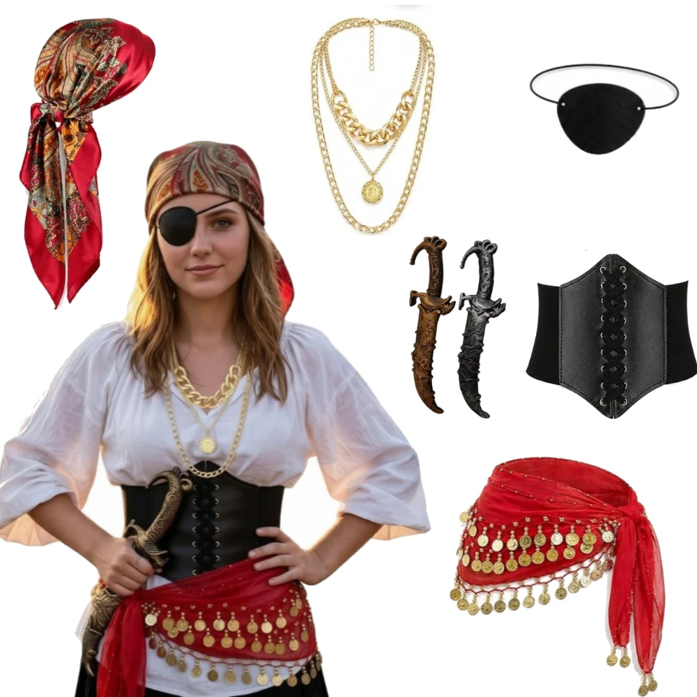 7Pcs Pirate Women-Renaissance Pirate Costume Corset Belt Bandana Hip Scarf Eye Patch Fake Knife Halloween Parties Accessories
