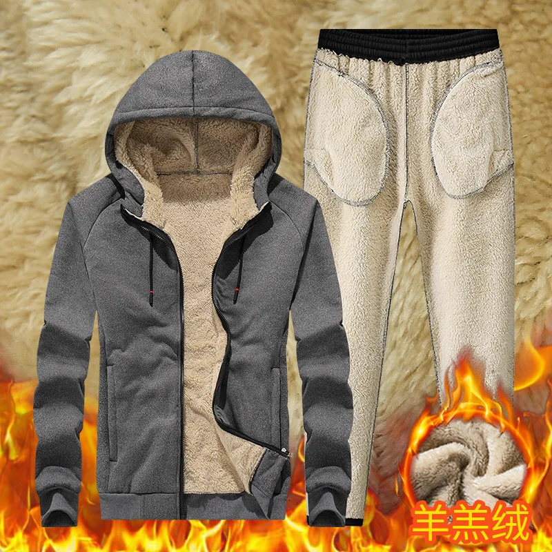 

Men Thick Lamb Cashmere Hoodie + Pant Tracksuit Men Winter Brand Casual Hooded Track Suit Warm Cashmere Winter Fleece Sweatshirt