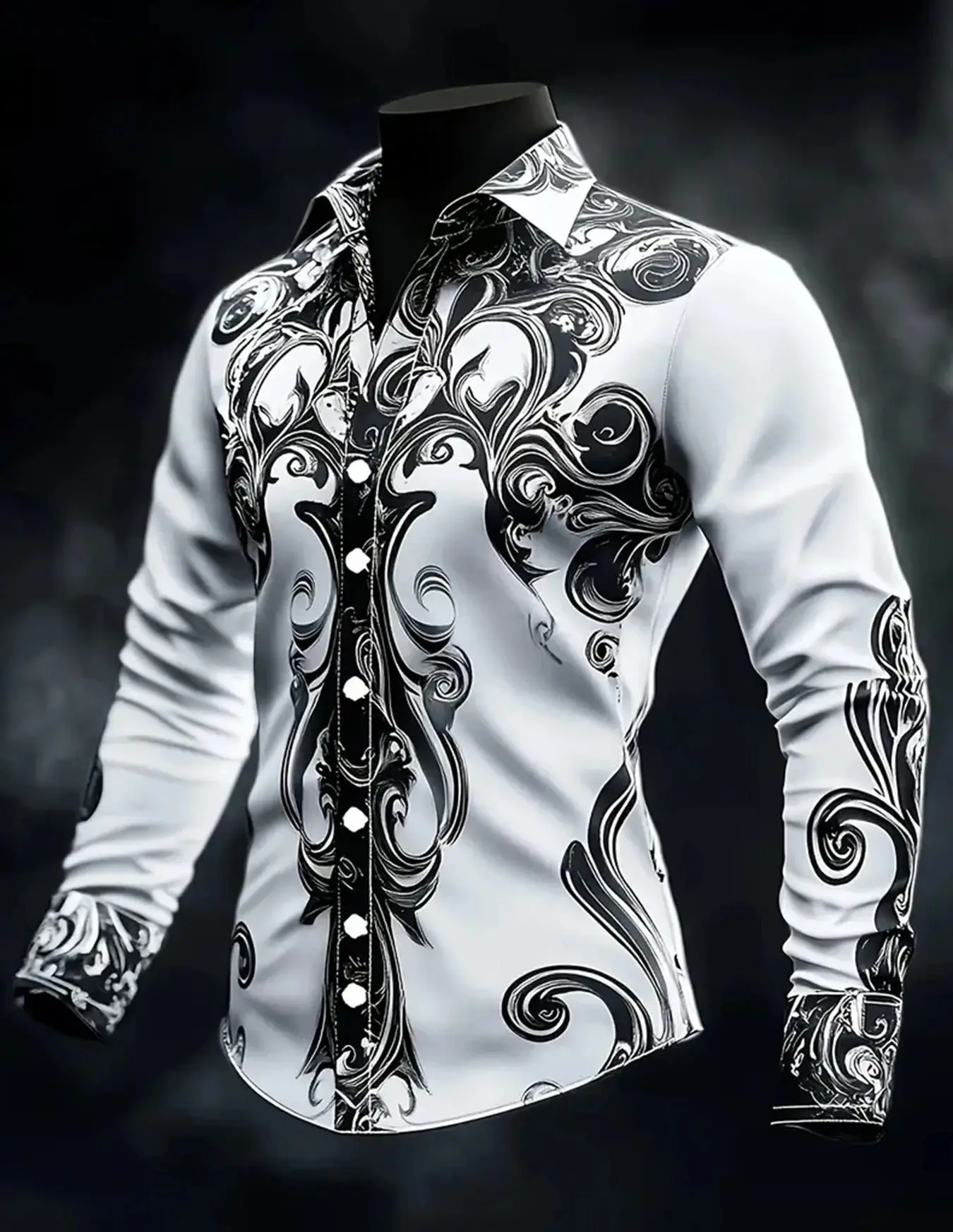 Family‑Matching Men's Retro Geometric Scroll Halloween Costume Long‑Sleeve Button‑Down Shirt, Dark Gothic Style Casual Vacation