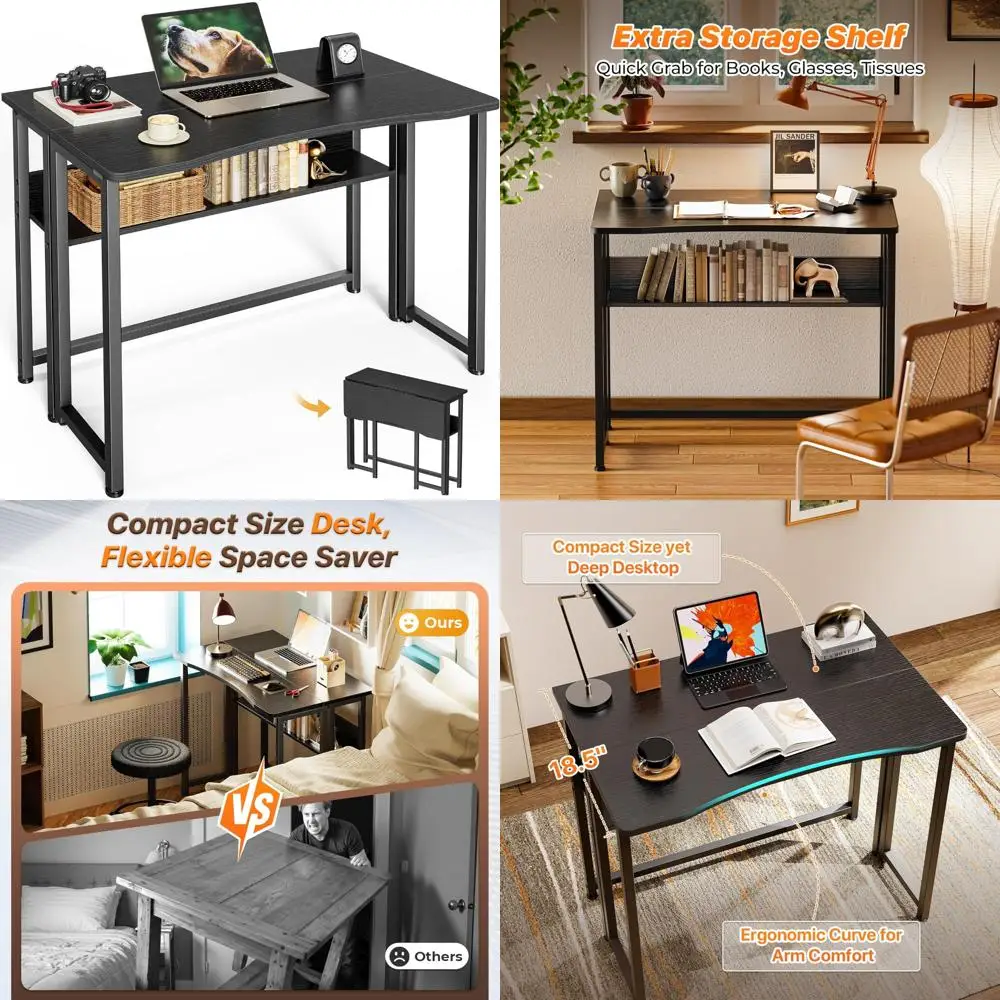 

Folding Desk with Storage Shelf, 31.5 Inch Compact Computer Table for Small Spaces, Space-Saving Sofa Table for Couch