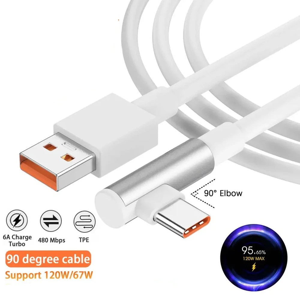 120W USB Elbow Fast Charging USB to Type C Cable 6A Quick Charge Data Cord for Xiaomi Huawei Samsung Mobile Phones Charger Cord