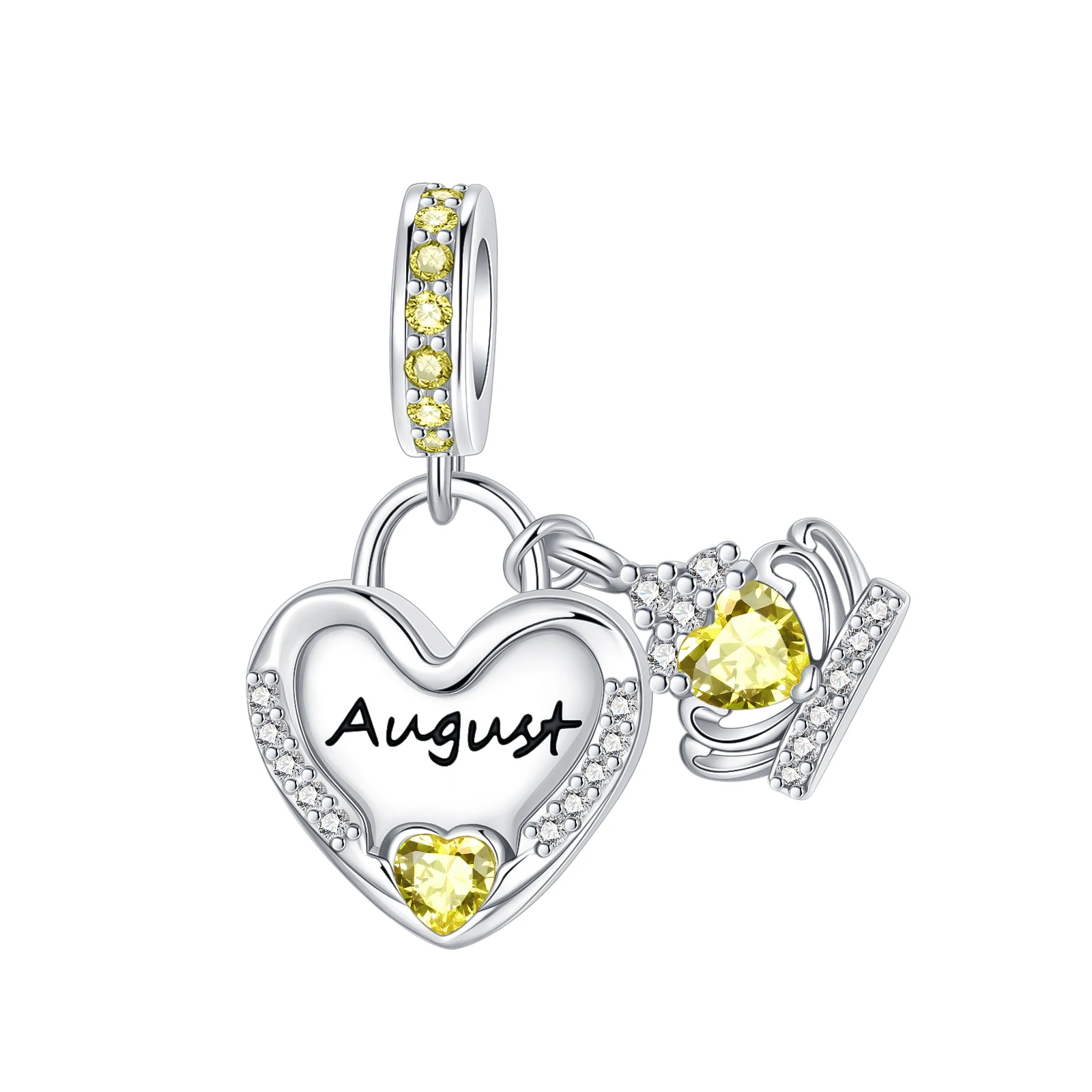 

925 Sterling Silver August Birthstone Dangle Charm yellow CZ Crown Pendant Fit European Bracelets Birthday Jewelry for Women