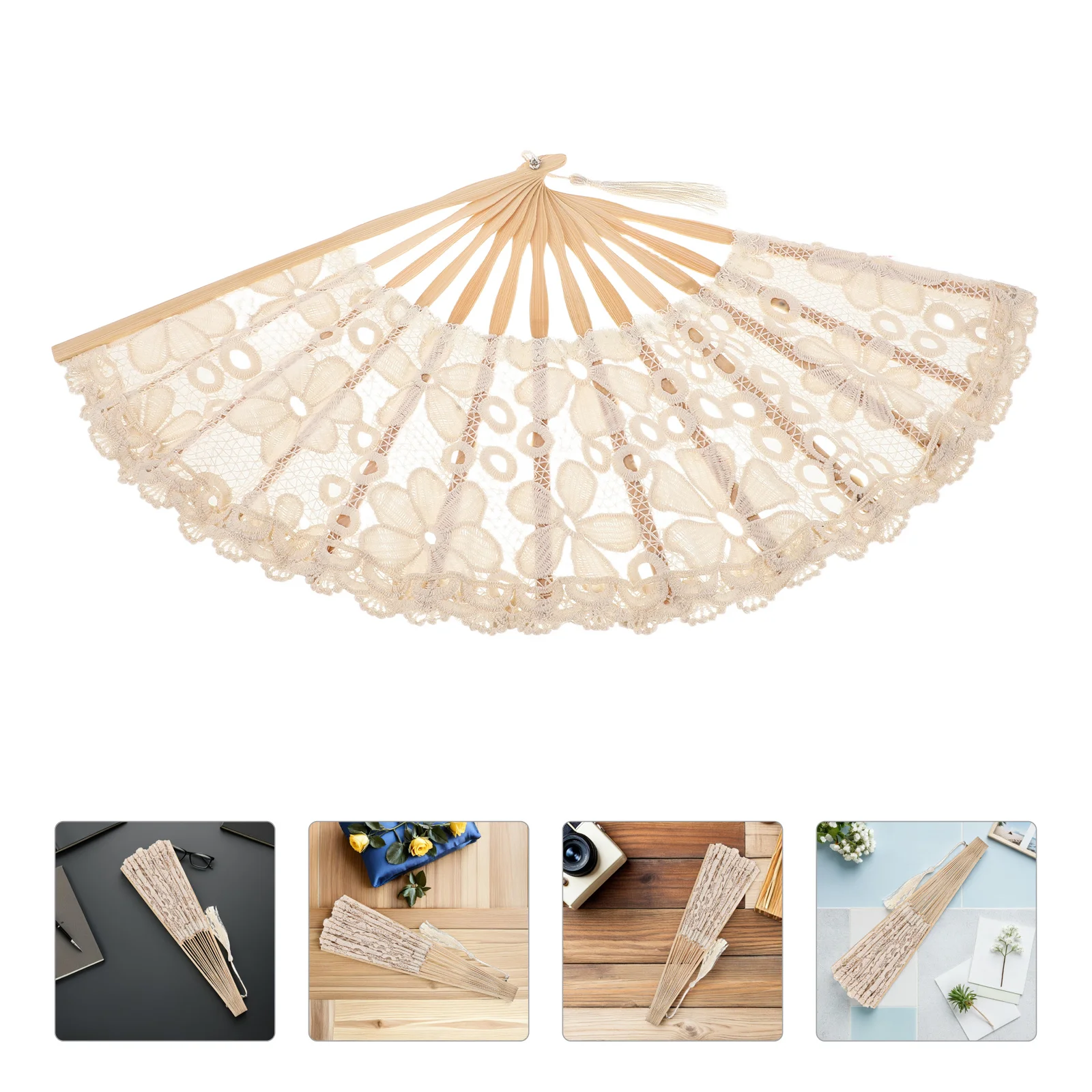 

19 Inch Lace Folding Hand Fan Elegant Bamboo Frame Tassel Bridal Wedding Decoration Party Dancing Festival Women Shower
