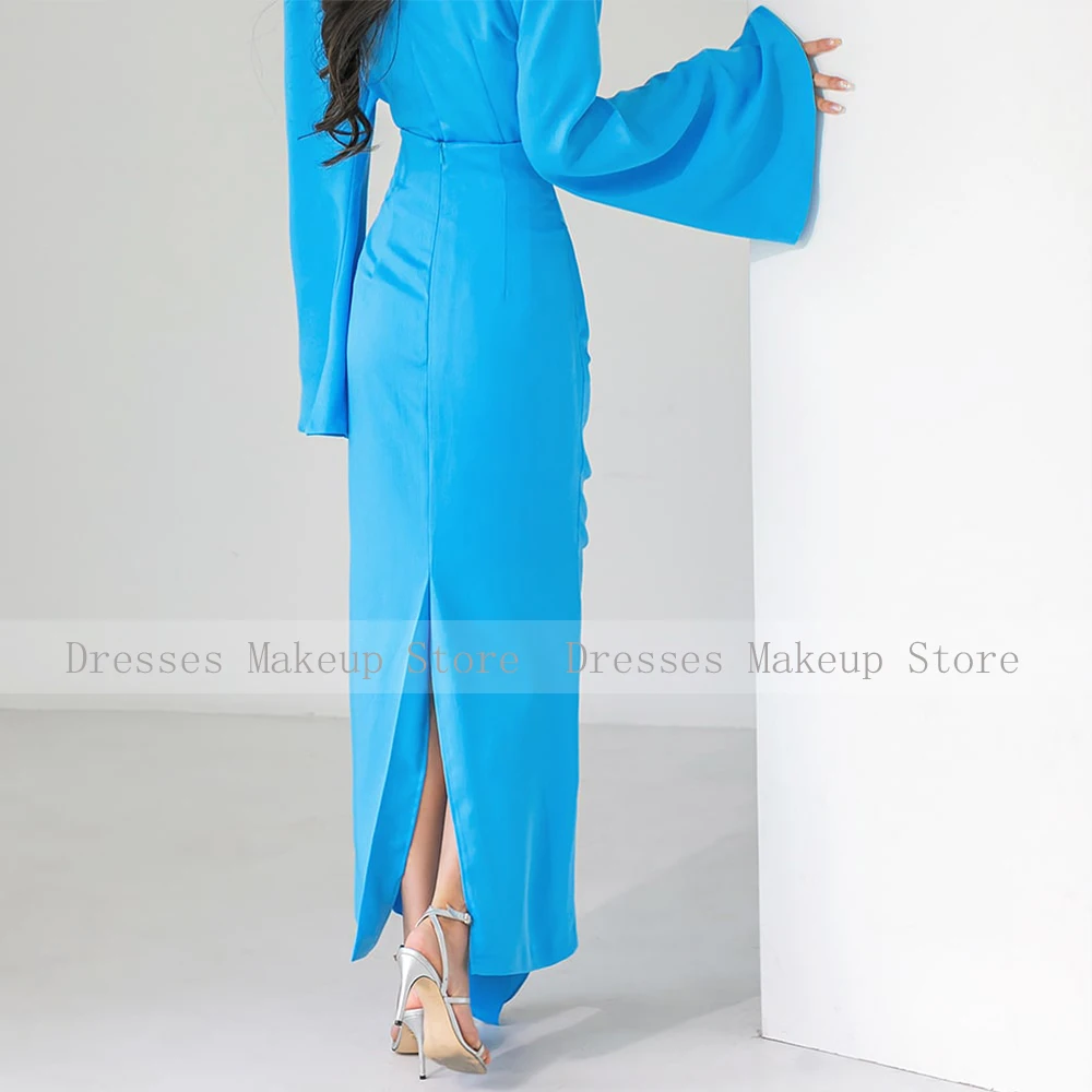 فساتين حفلة موسيقية أنيقة للنساء ، أكمام طويلة ، غمد رقبة دائرية ، فساتين أعمدة ، طول الكاحل ، كشكشة ، فستان حفلات أزرق فاتح ،