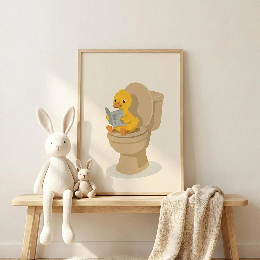1PC frameless decorative art print,Funny Duck Dog Lion Bathroom Wall Art for Kids Room Decor, Cute Banana Pajama Animal Print, P