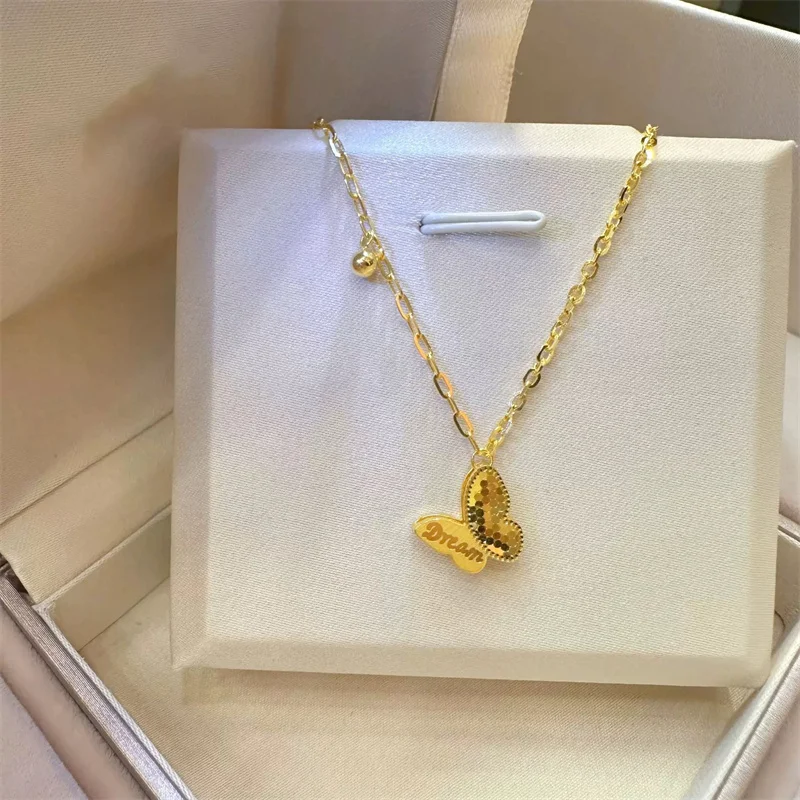 

24K Gold Au999 Women Necklace, Engraved Dream Butterfly Pendant Clavicle Chain Jewelry Gift