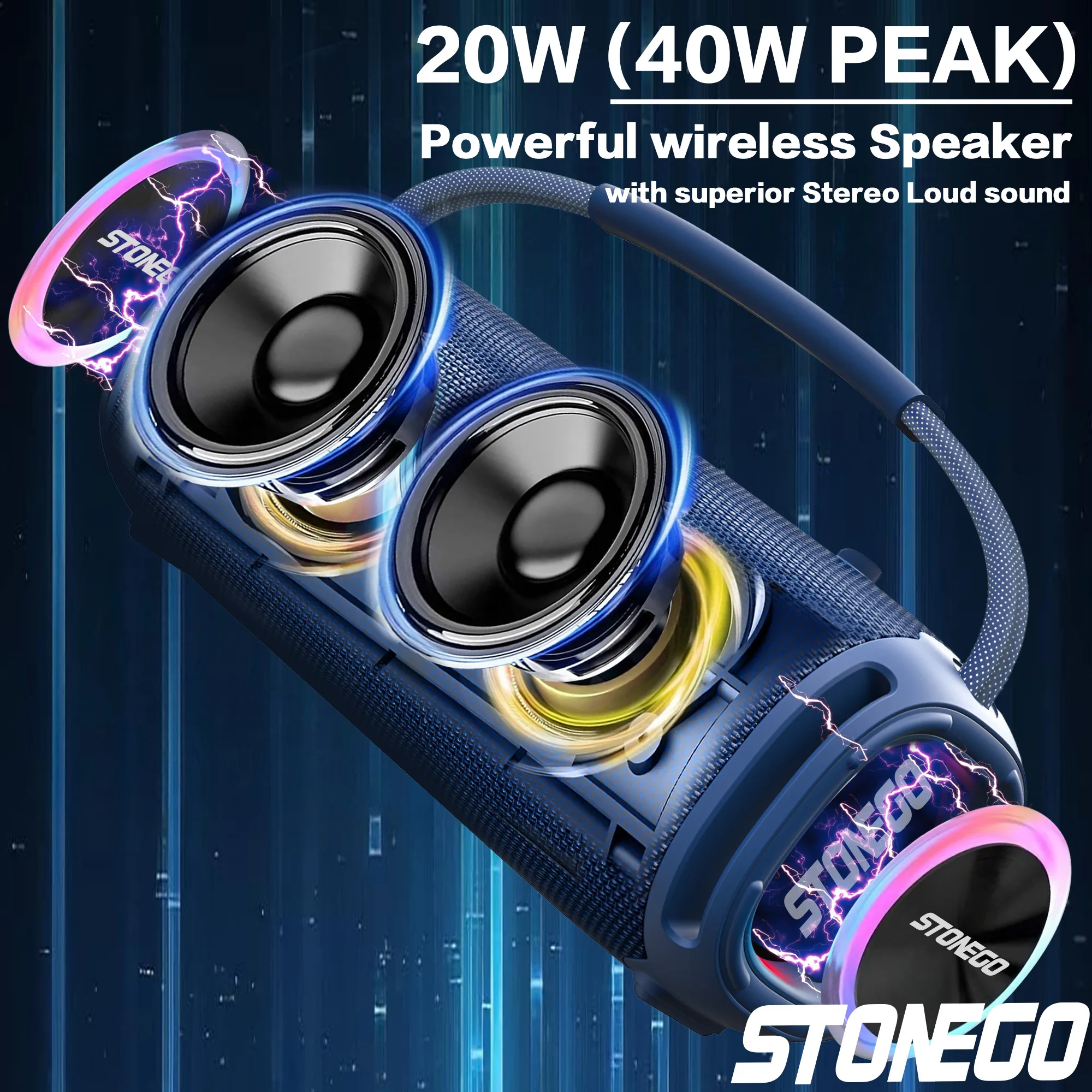 STONEGO Portable Handheld Audio Bluetooth 5.3 Wireless RGB Flash Audio Dual Speaker TWS Bass Stereo Sound IPX6 Waterproof Audio