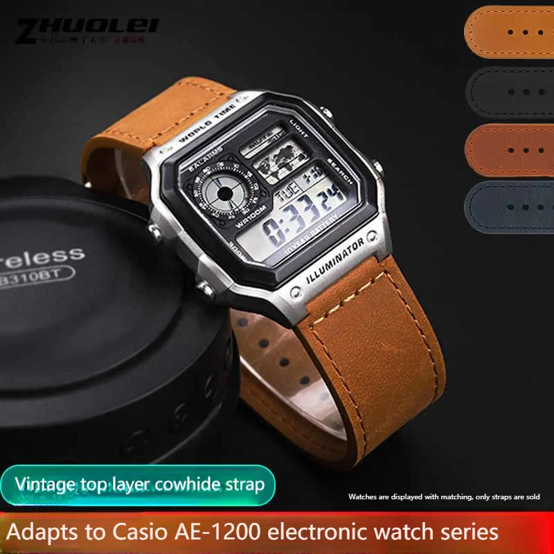 for Casio  Small square block strap AE1200/AE-1300/1500 F-108/F91/W-218 A158/A168 vintage cowhide strap 18mm cowhide Watchband