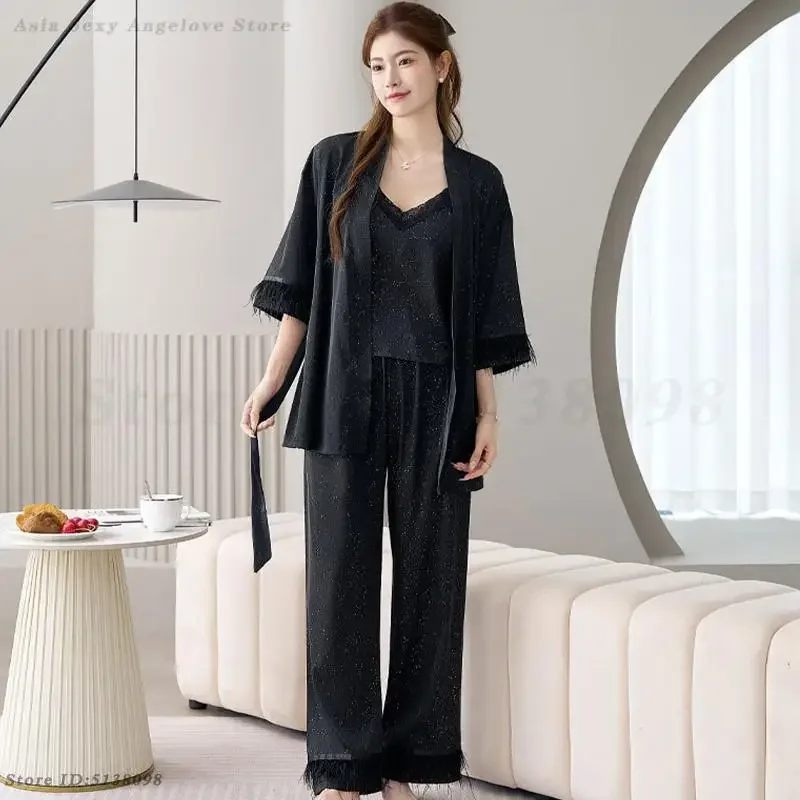 

Spring Summer New 3PCS Pajamas Set Luxury Feather Sleepwear Home Clothes Silky Satin Pyjama Pour Femme Loose Trouser Nightwear