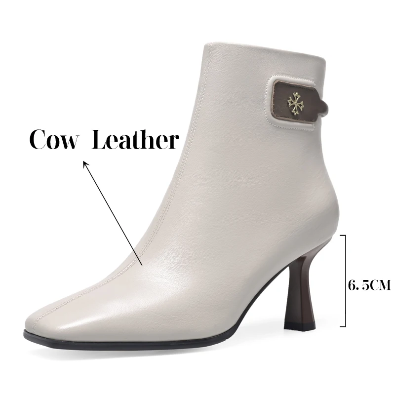 TULING JUN Winter 2023 Concise Famale Square Head Ankle Boots High Thin Heels Mature Solid Color Shoes For Womens Elegant T-A241