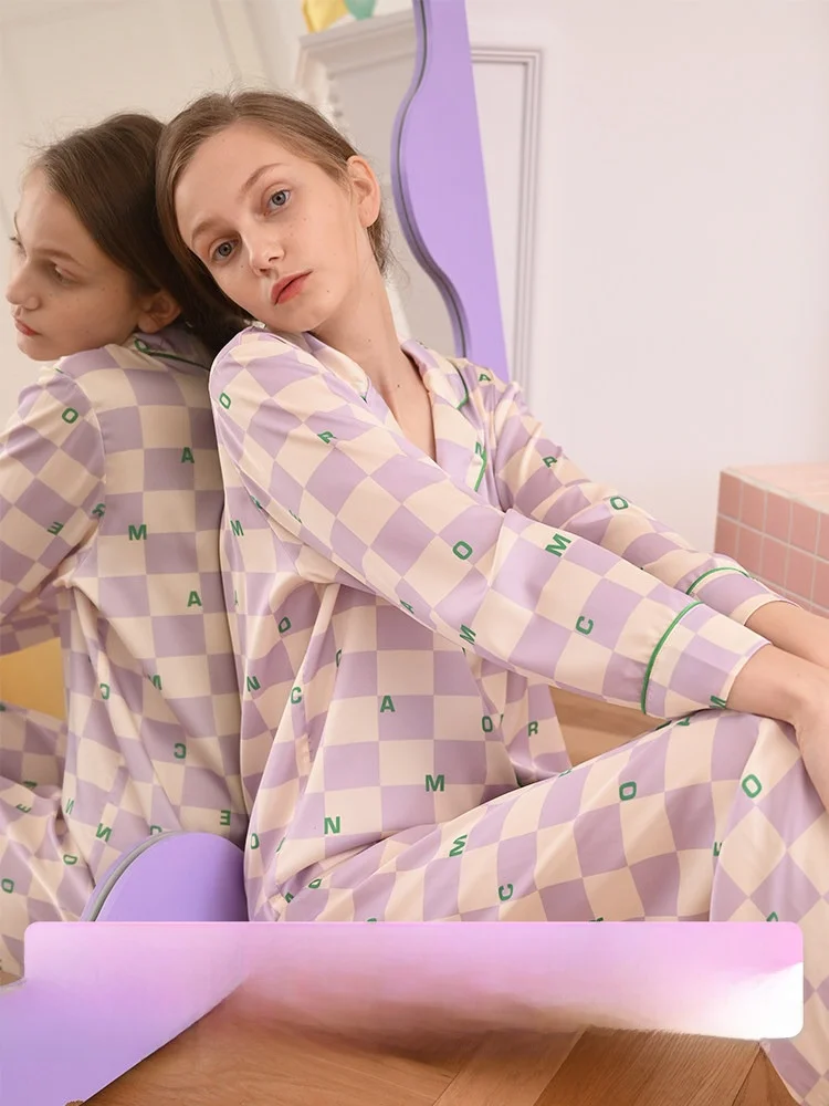 Gulina Roomance Yumanshi Chessboard Pattern Ice Silk Sleepwear Set Women's Summer Home Clothes Soft Loose Fit Short Sleeve
