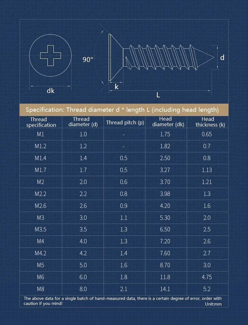 M2 M2.2 M2.6 M3 M3.5 M4 M5 M6 316 Stainless Steel A4 Cross Phillips Flat Countersunk Head Self Tapping Wood Screw