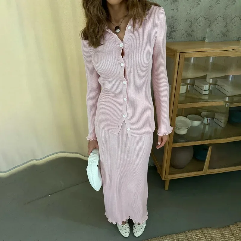 Laxsesu manga longa malha cardigan saia superior 2 peças conjunto feminino outono inverno babados moda camisola superior e saia longa conjunto