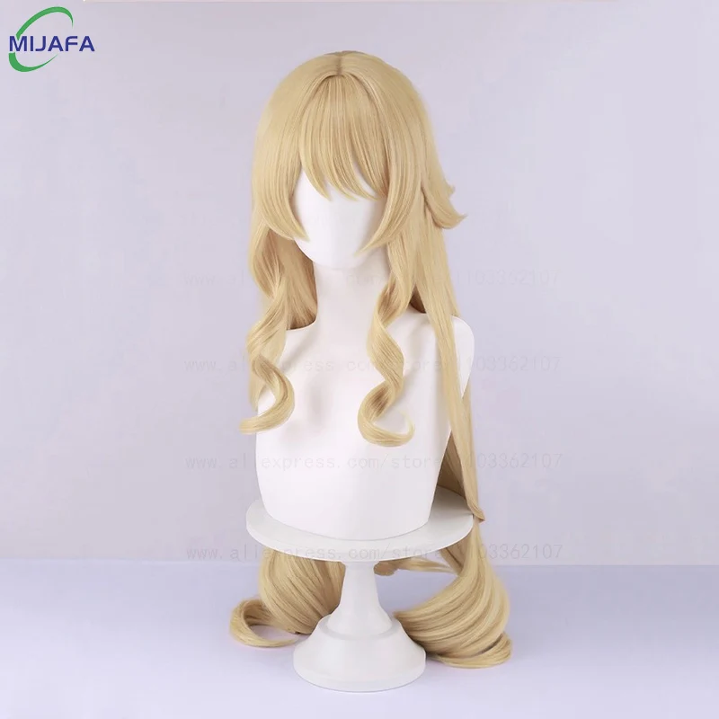 عالية الجودة فونتين نافيا شعر مستعار تأثيري طويل الكتان الذهب موجة مجعد مقاومة للحرارة الاصطناعية الشعر فروة الرأس أنيمي لعبة الباروكات + غطاء شعر مستعار #4