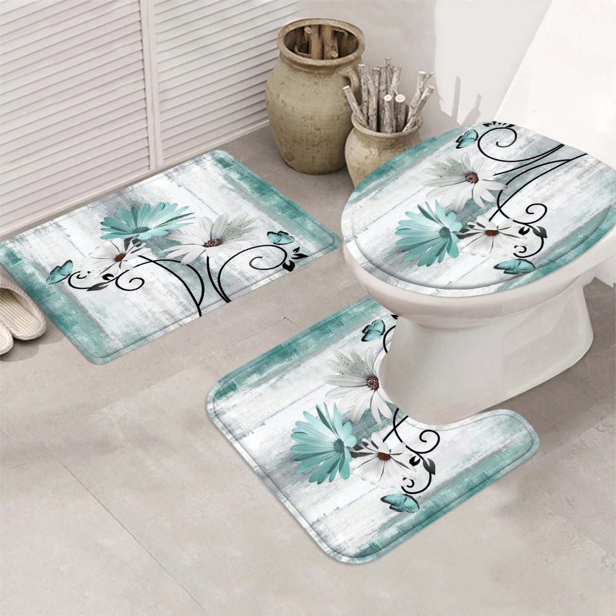 1/4 Piece Shower Curtain Set, Waterproof Bathroom Partition Curtain with Hooks, Anti-Slip Bath Rug, U Shape Mat, Toilet Seat Cov