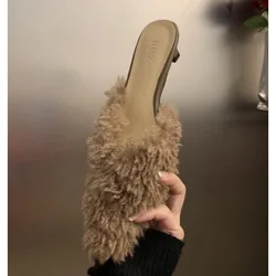 Luxury Kitten Heel Furry Mule Slides Women Rose Pink Sexy Slippers Ladies Pointy Toe Stiletto Plush Sandals Winter Party Shoes