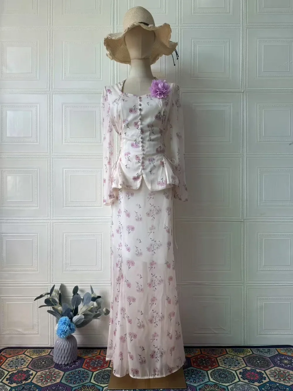 Eid Women Floral Shirt Skirt Muslim Set Sweet Musulman Ensembles 2 Piece Set Shirt Jalabiya Ramadan Dubai Kaftan Arab Long Robe