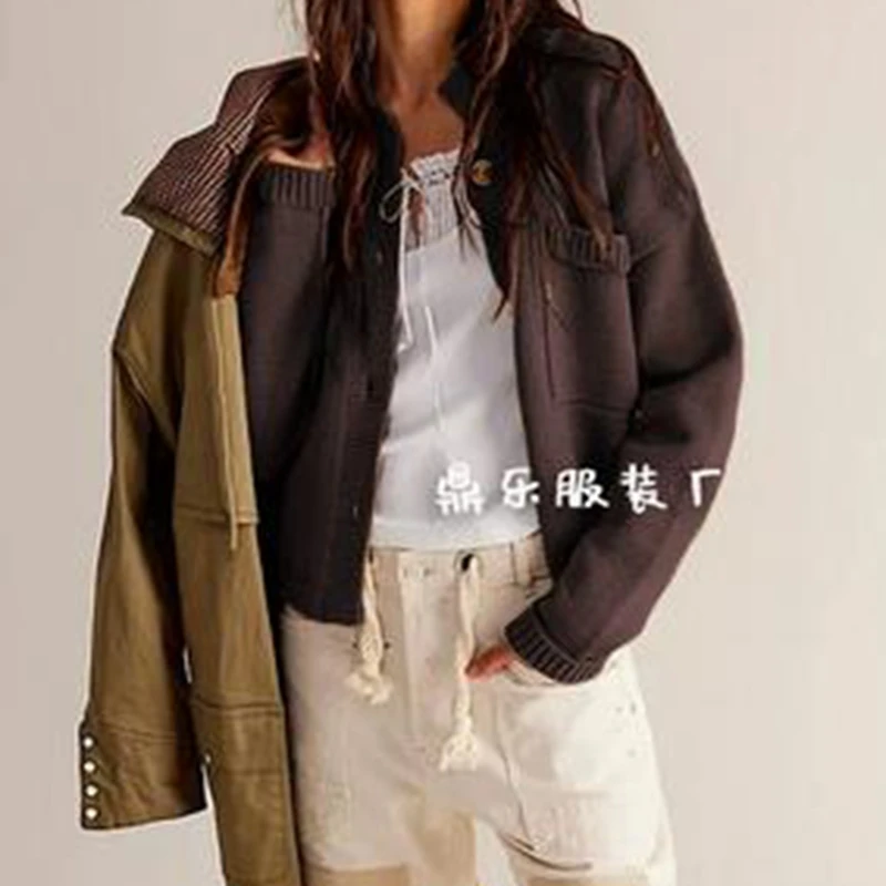 

Vintage Women Knit Cardigan Soild Long Sleeve Stand Collar Button Closure Fall Casual Jacket Sweater with Pockets