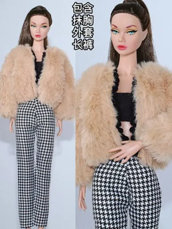 Fashion 1/6 BJD Doll Clothes For Barbie Outfits Set Brown Fur Coat Tank Tops Houndstooth Pants 11.5