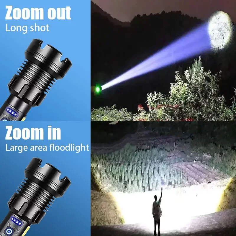 

1XHP390 USB Rechargeable Flashlight - Most Powerful Strong Light Military Tactical Lantern for Camping Hunting Outdoor Activitie