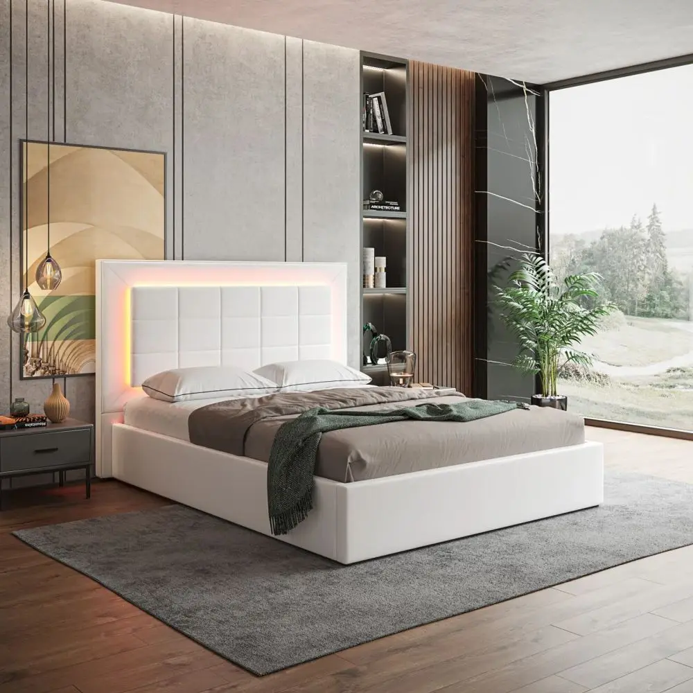 #   Base de Cama Queen Size Tapizada con Luces LED, Plataforma Simple, Diván de Lujo, Cama King Size con Almacenamiento