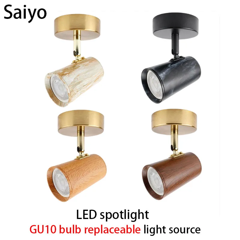 LED Spotlights GU10 Bulb Changeable Spot Light Surface Mounted Walnut Wood Marble Color Ceiling Track Lamp Home Room Decor Foco