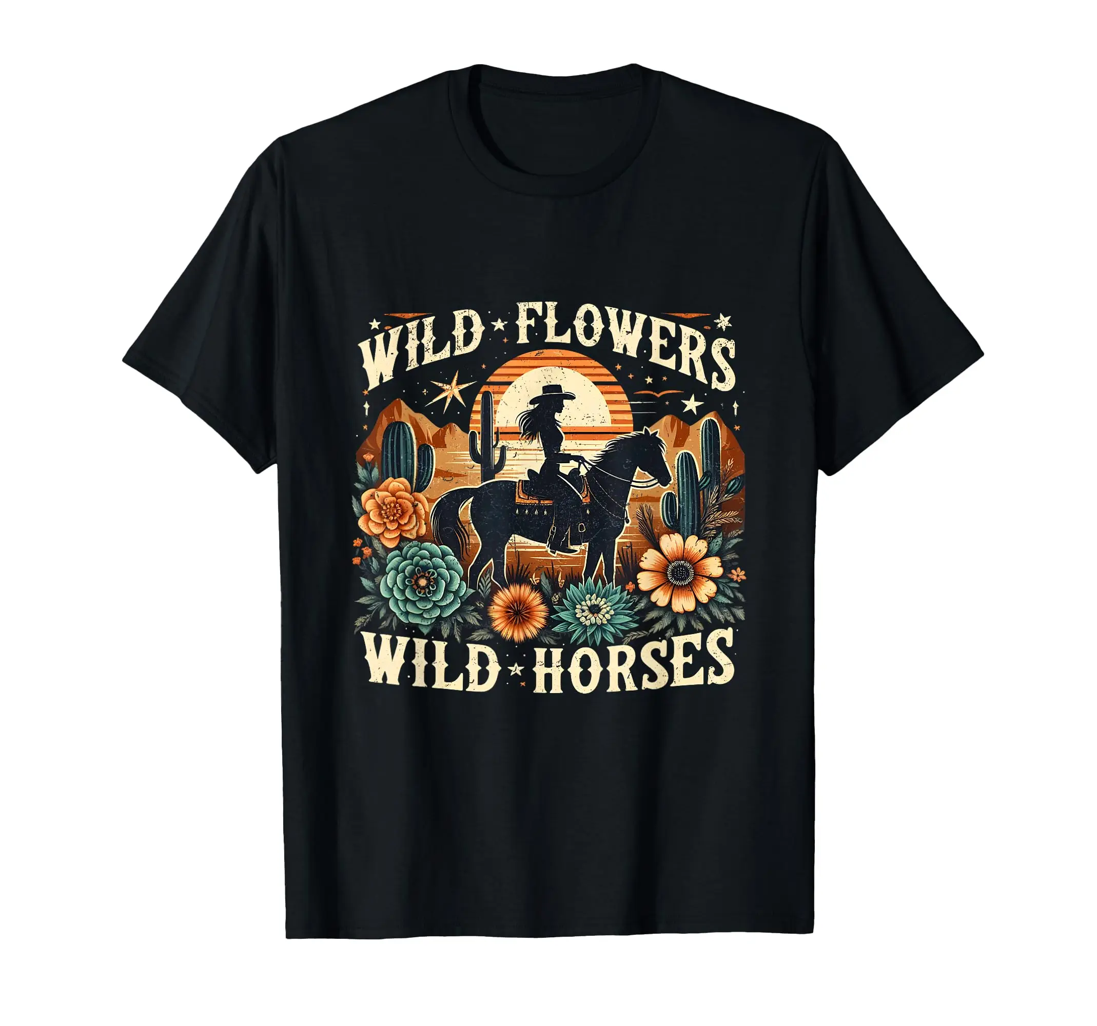 

Retro Southern Sunset Cowgirl Wild Flowers - Wild Horses Classic Logo T Shirt and Stickers, Unisex Adult T Shirt Collection