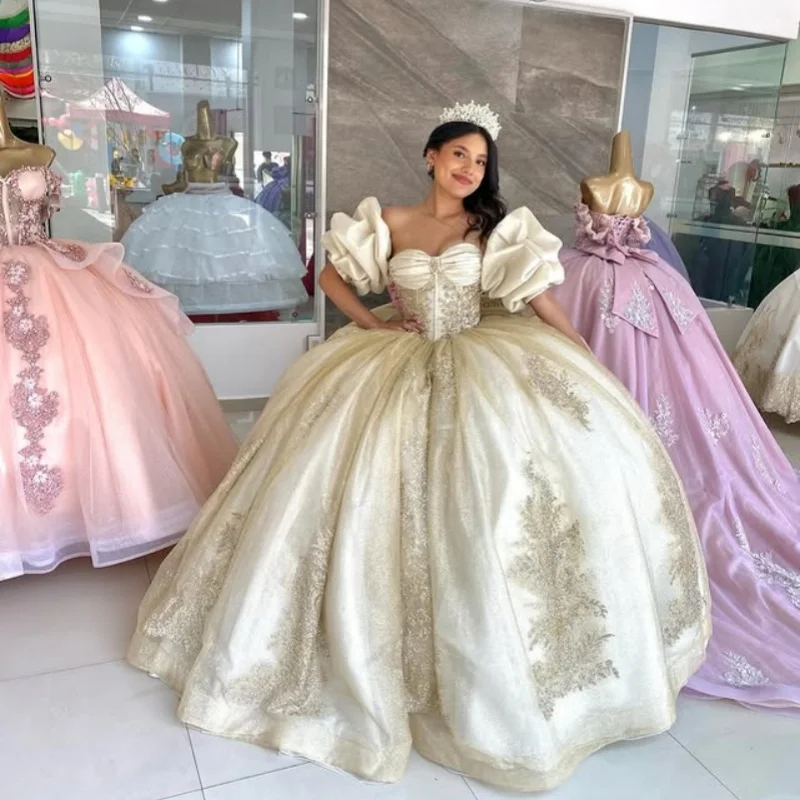 

Customized Shiny champagne gold Quinceanera Dresses Off the Shoulder Tull sequin applique Lace Bow Vestido De 15 Quinceanera