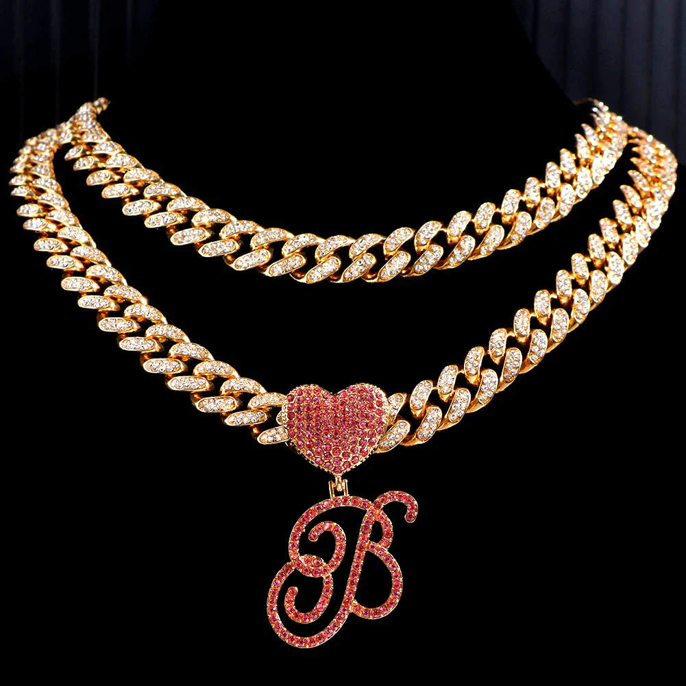 Hip Hop Pink A-Z Cursive Letter Initial Heart Pendant Necklace For Women Bling Iced Out Cuban Zircon Chain Necklace Punk Jewelry