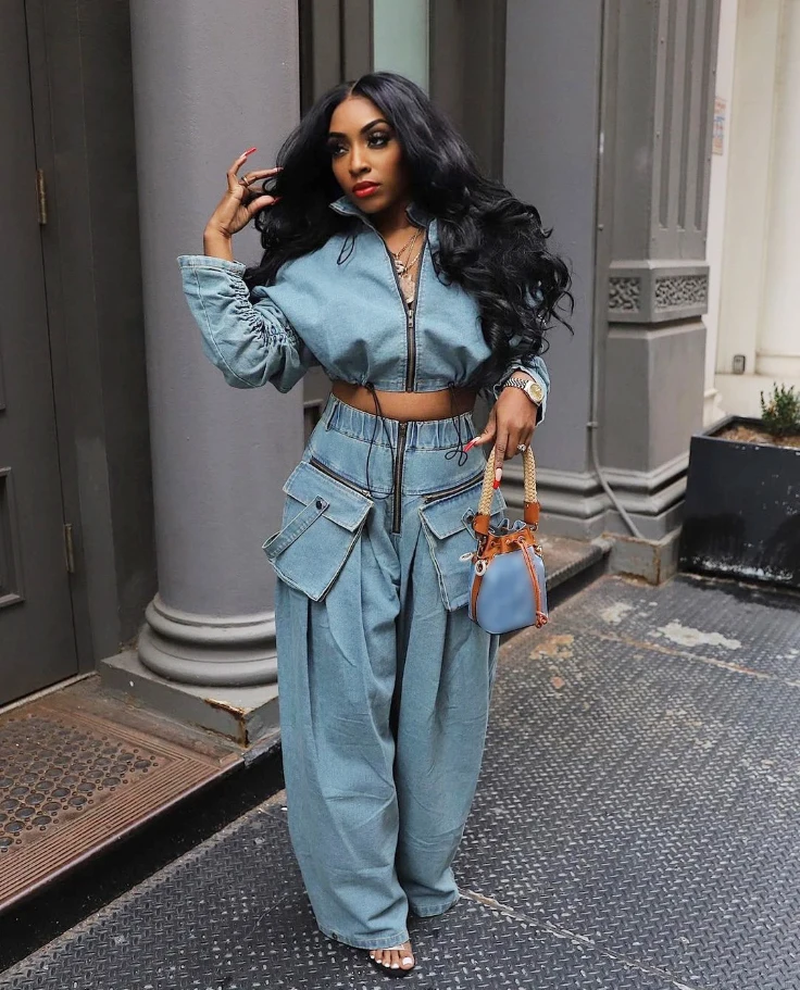 Denim Women\'s Set Ruched Long Sleeve Jacket and Pocket Front Loose Jeans Pants 2024 Two 2 Piece Sets Outfits Tracksuit