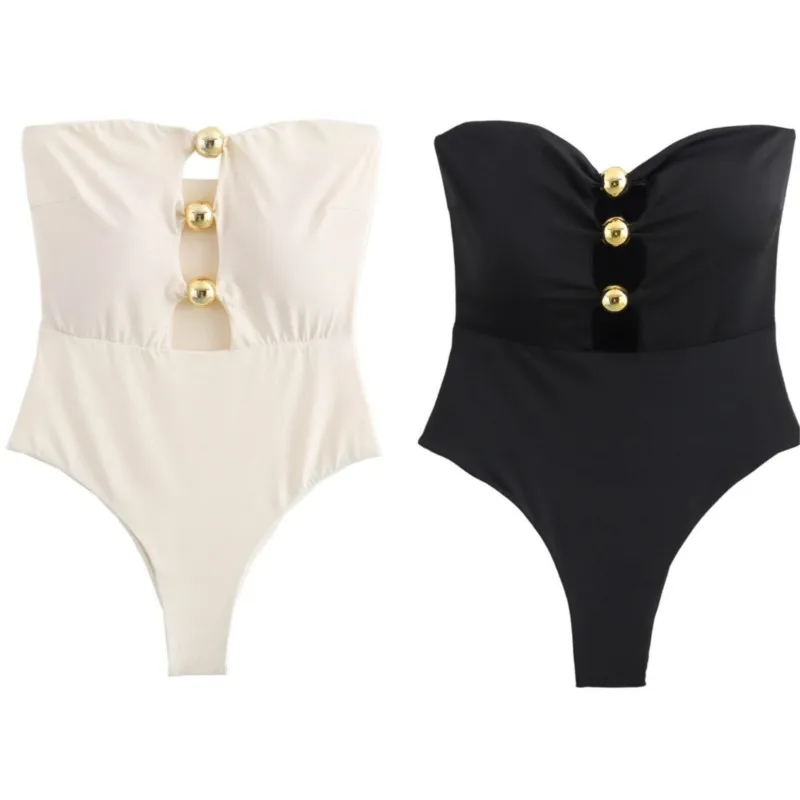 Fashion STRAPLESS Off Shoulder Metal Decoration Women One Piece Swimsuit 2025 Style Cut Out Lady Vacation Beachwear Clothing