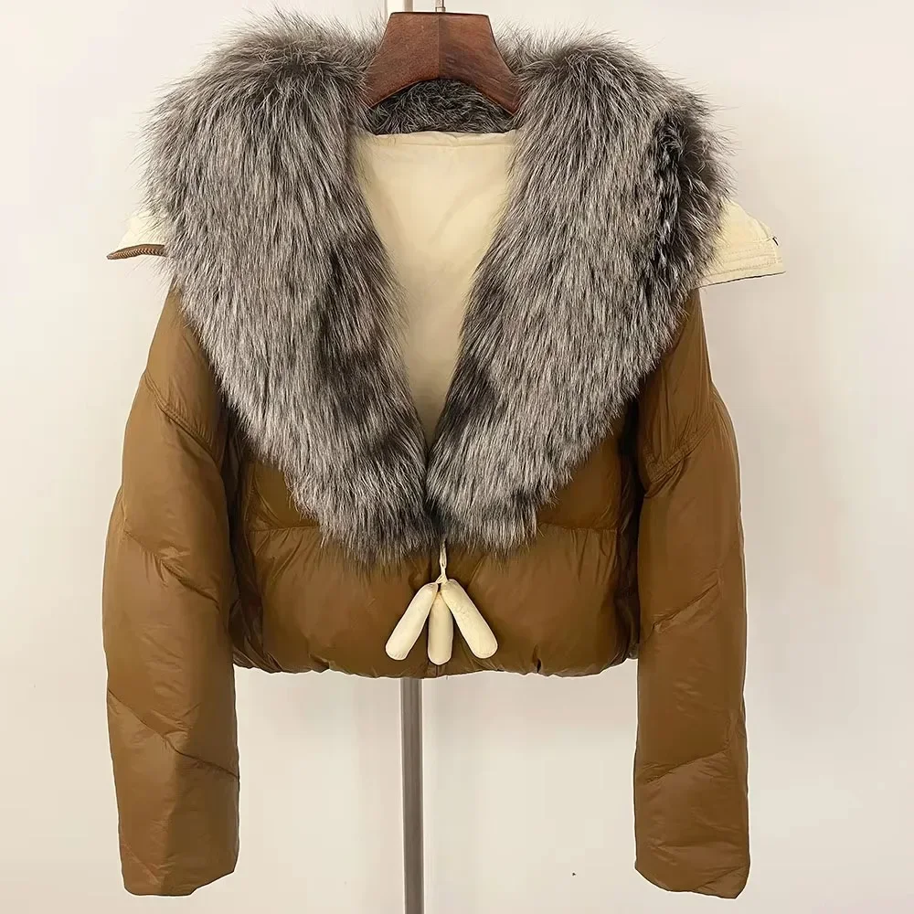 بطة بيضاء أسفل معطف سميكة حقيقية الطبيعية الثعلب الفراء طوق قصيرة معطف الفرو موضة 2025 سترة منفوخة عادية الخريف الشتاء الدافئة النساء #5