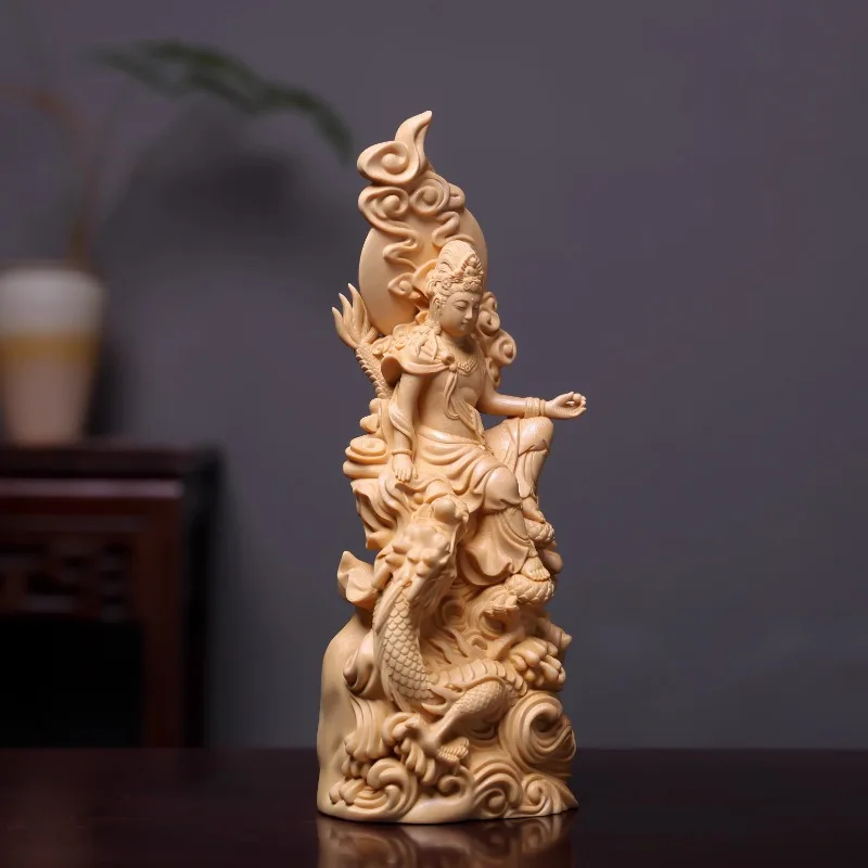 Wood Carved Guan Yin Statue Sitting on Dragon, Goddess of Mercy Figurine for Home Temple Altar Decor Ornament