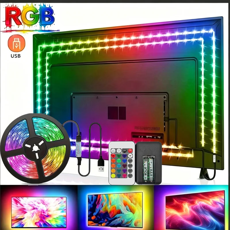 USB LED Strip Lights ,RGB Light with 24-key Remote Control,Easy To Install Lamp for Living Room ,Christmas,Party Light, TV
