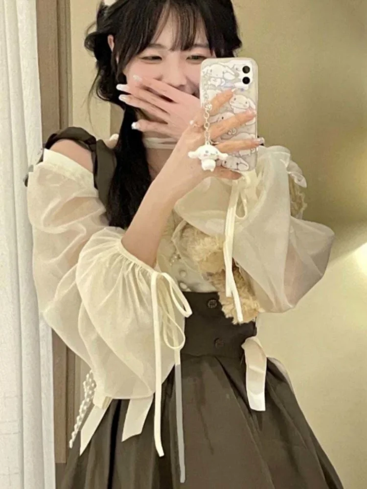 2 Pcs Sets Women Preppy Style Kawaii Girlish Bandage Blouses A-line Skirts Spring Casual Korean Version Fashion Age-reducing Ins