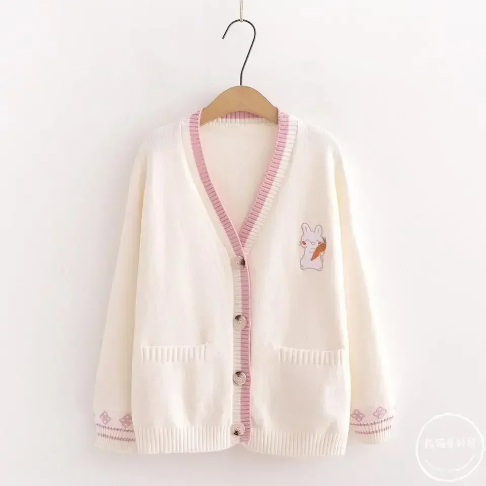 Autumn Korean Mori Girl Sweet Sweater Lolita Cute Bunny Embroidery Knitted Top Japanese Women Long Sleeve Cardigan Coat Knitwear