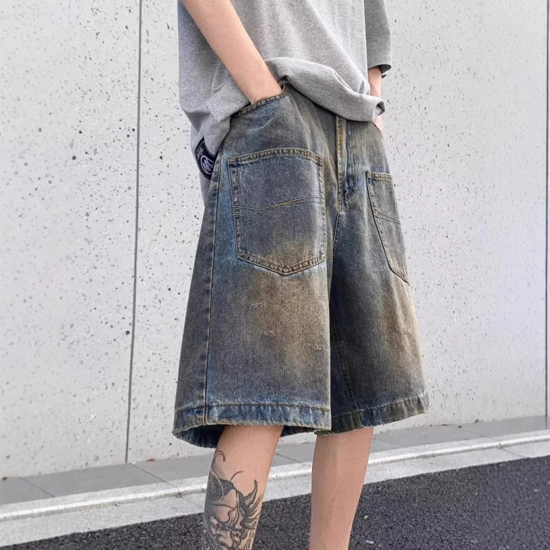 شورت رجالي صيفي جديد أمريكي ريترو عصري مغسول بتصميم عتيق شورت فضفاض بخمس نقاط