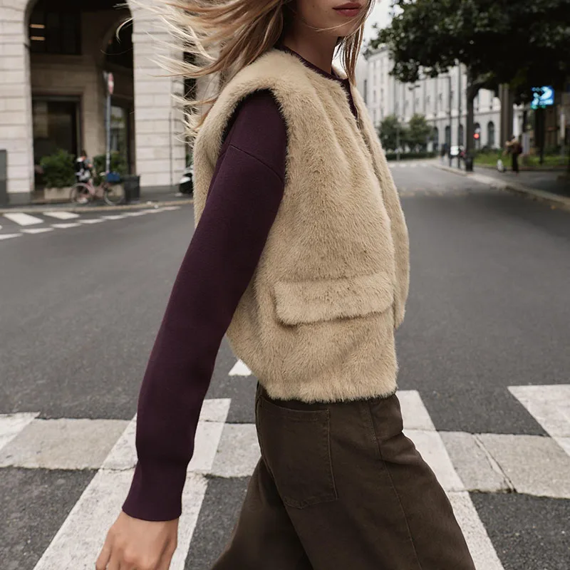 Nouveauté automne femmes gilet kets décoré effet fausse fourrure fermeture éclair ort vêtements d'extérieur trajet Sle Stand Fit dames manteau