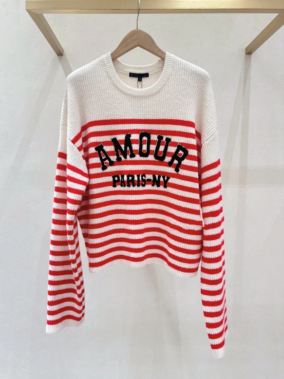 

M Home 2025 Autumn Winter College Style Letter Flocking Stripe round Neck Knitted Sweater Women's Loose Fit Polyester Fiber