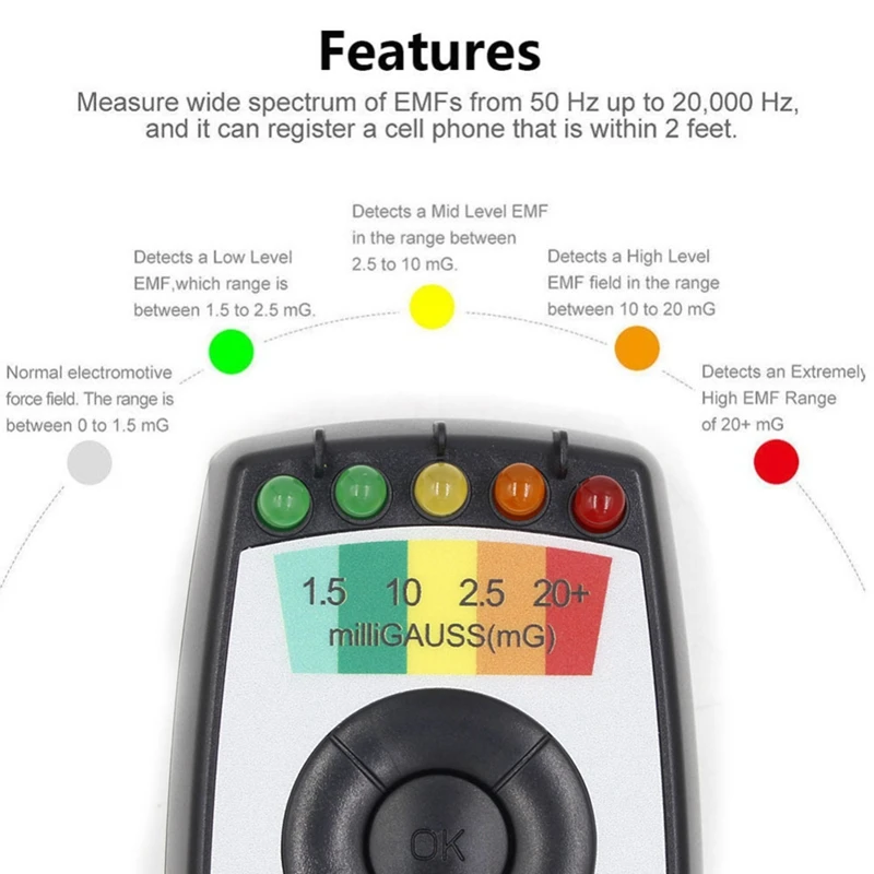 K2 Electromagnetic Field EMF Gauss Meter Hunting Detector Portable Magnetic Field Detector 5 LED Gauss Meter