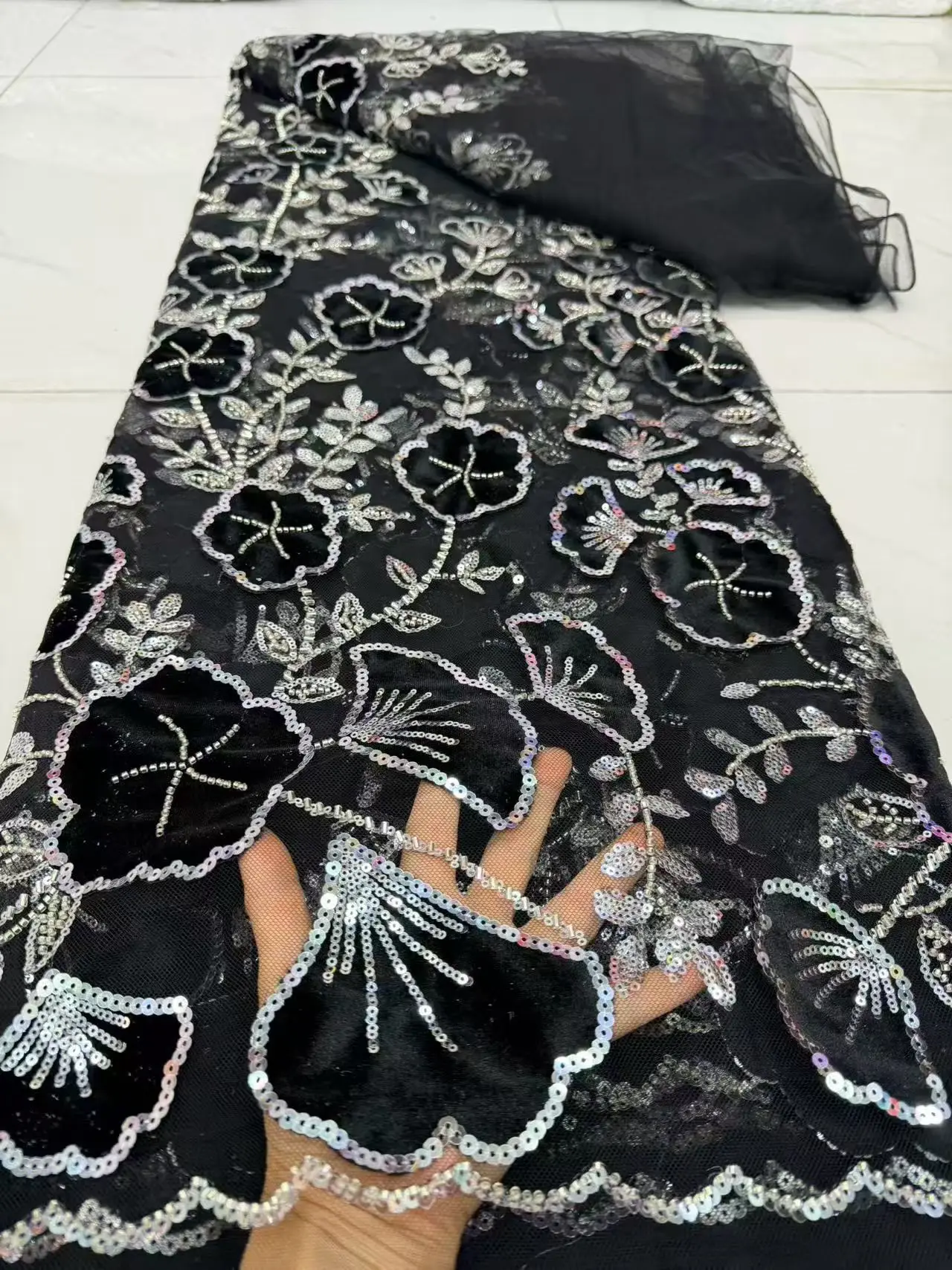 2026High Quality African Nigerian Tulle Lace Fabric Embroidery Party Dress Sequins Guipure Fabric For Sewing Velvet 5Yard DP0539